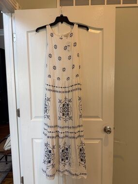 LOFT White Maxi Dress with Navy Floral Embroidery